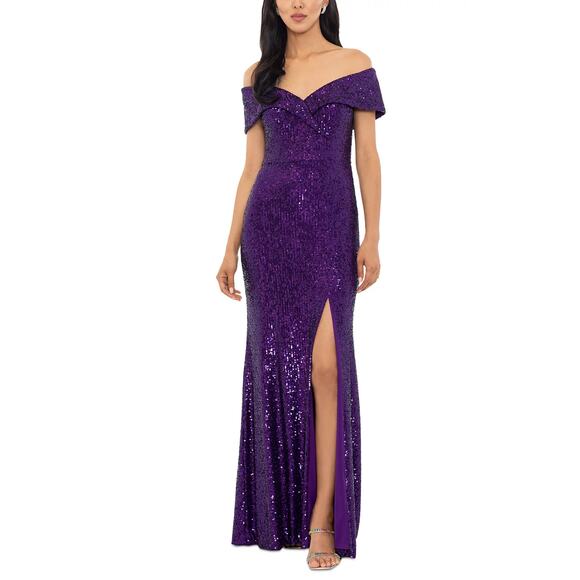 XSCAPE Off the Shoulder Sequined Evening Gown Size 8 Purple Long Formal Dress - Picture 11 of 13